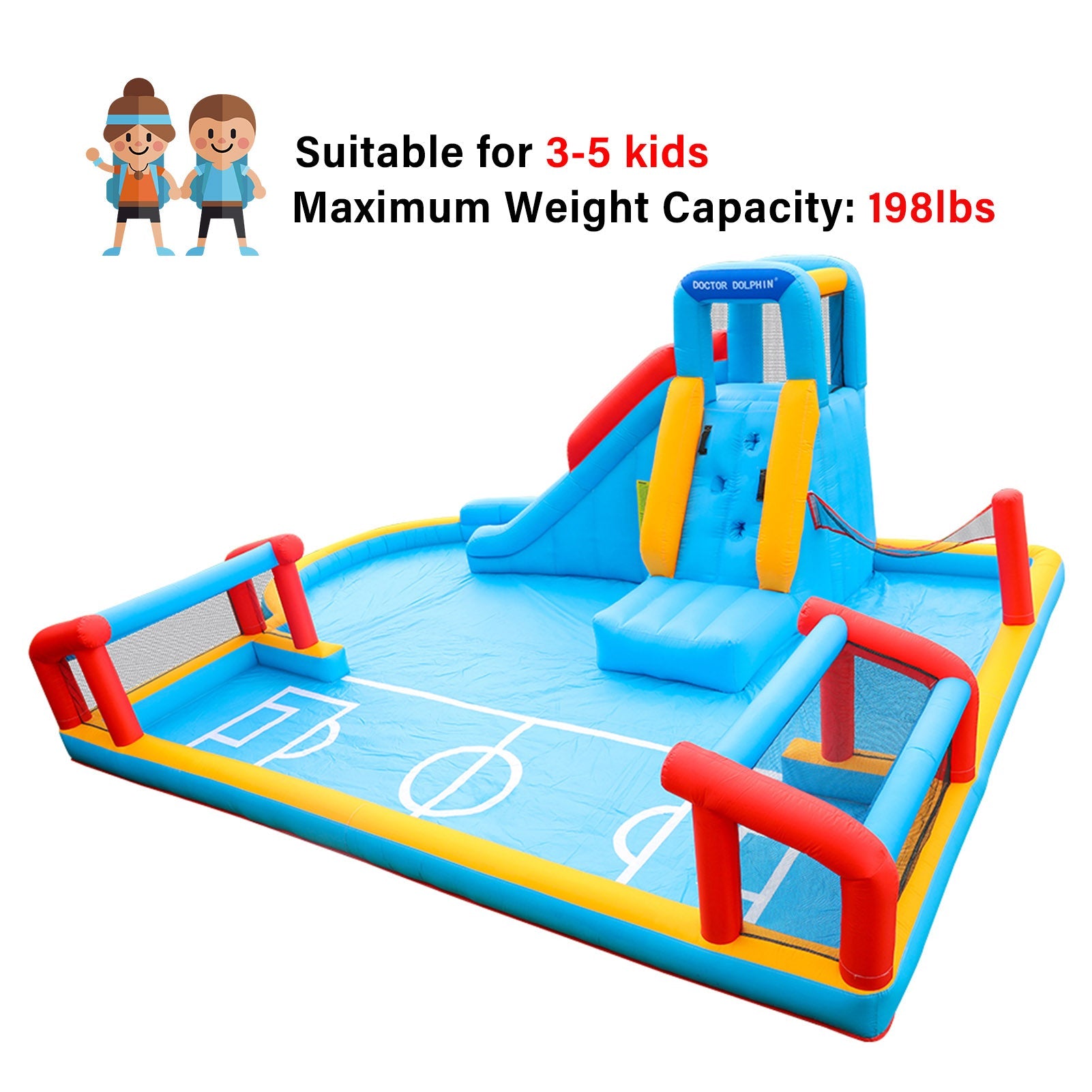 Doctor Dolphin Inflatable Slide Bouncer House Jumper Bouncing House Jumping Castle with Slide and Pool Football Goal Volleyball Net Ball Pool