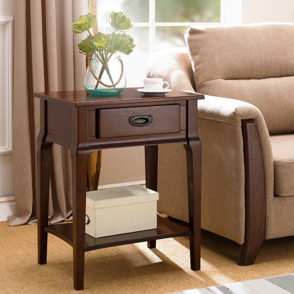 KD Furnishings Chocolate Cherry Wood Side Table with Drawer