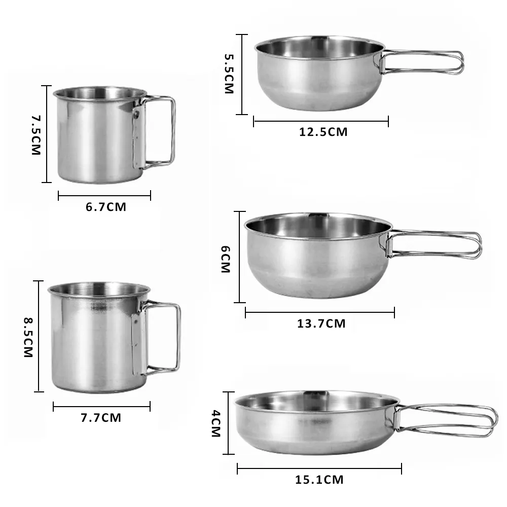 Cross border outdoor mountaineering portable 5 piece pot camping picnic barbecue travel fishing stainless steel cups and bowls