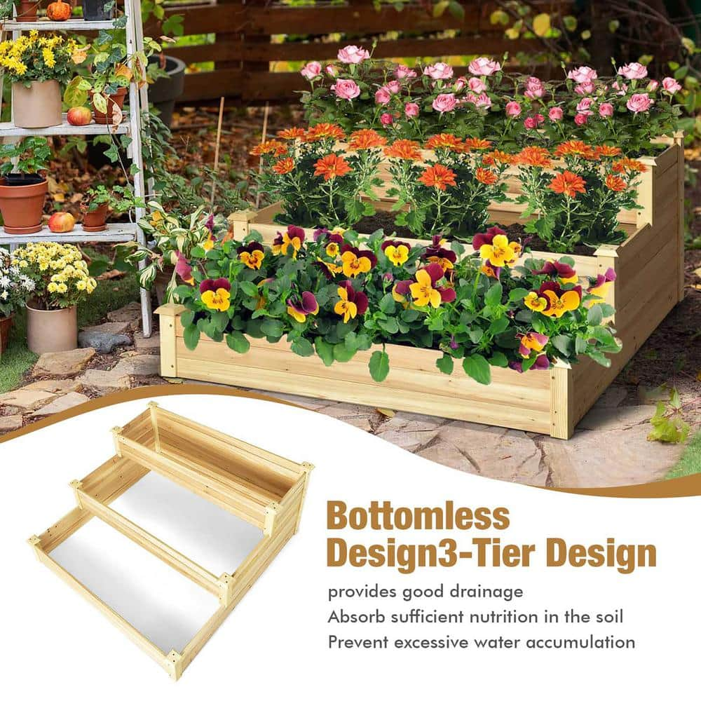 Costway 48 in. x 48 in. x 22 in. 3-Tier Natural Raised Garden Bed Wood Planter Kit for Flower Vegetable Herb GT3808