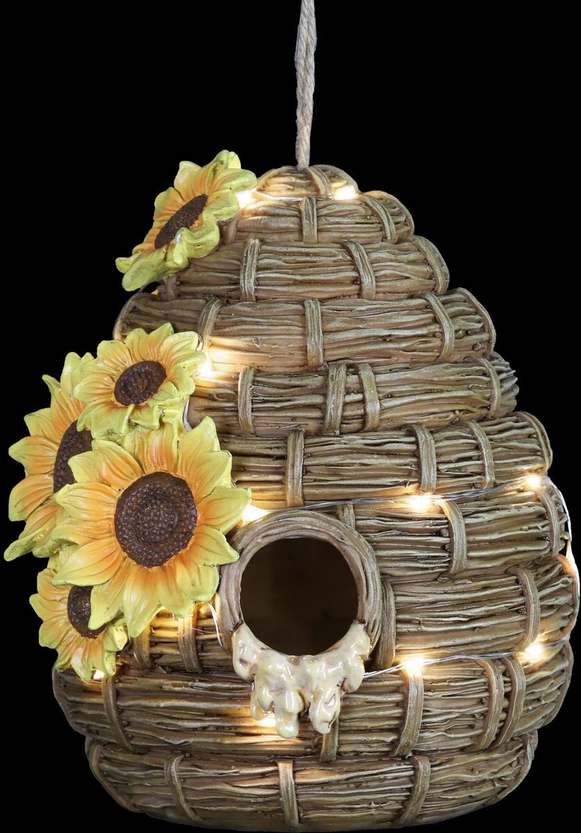 Exhart Solar Sunflower Hand Painted Bee Hive Hanging Bird House