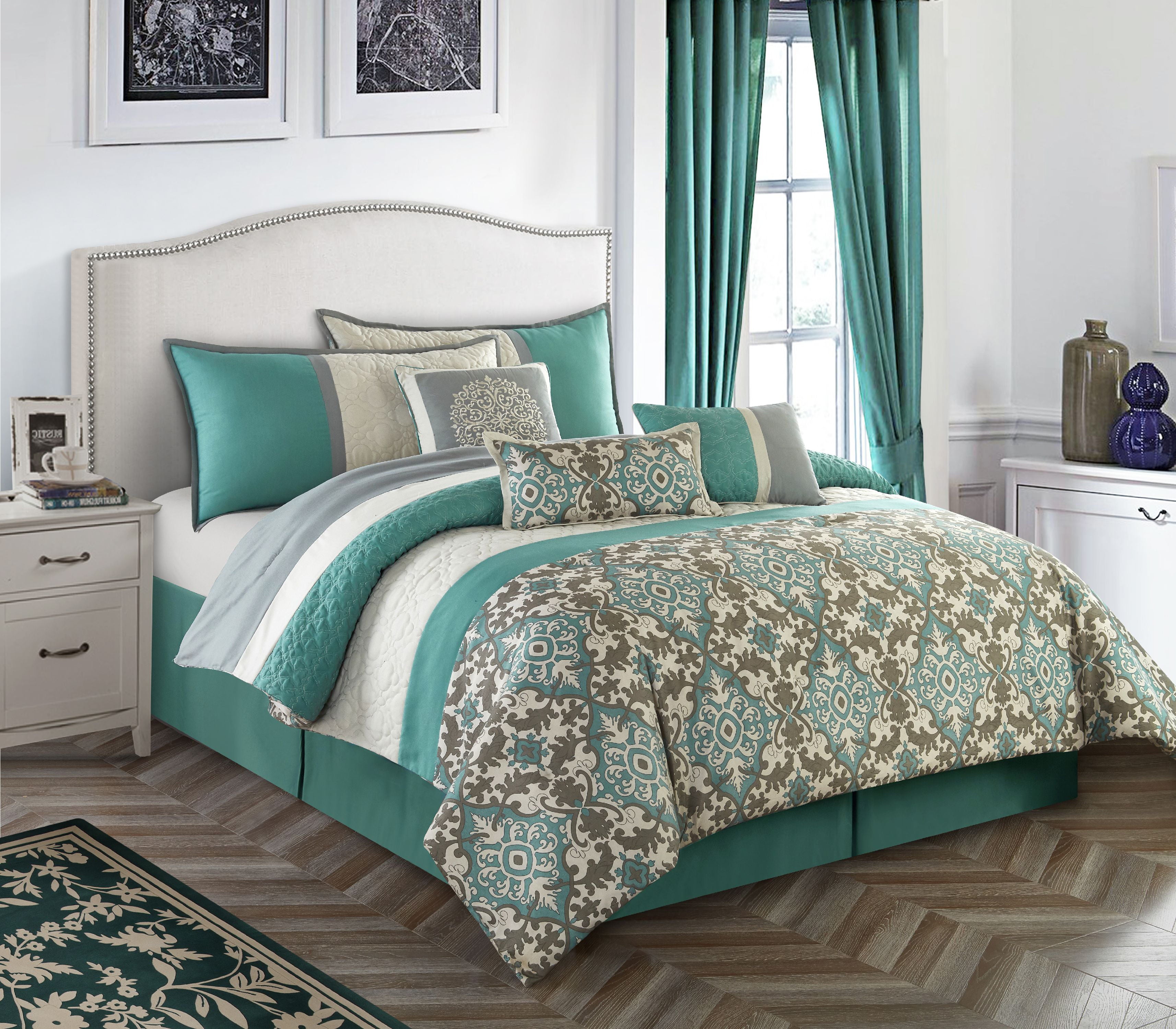 Nanshing Reina 7 Piece Elegant Modern and Traditional Bedding Comforter Set， Teal， Queen