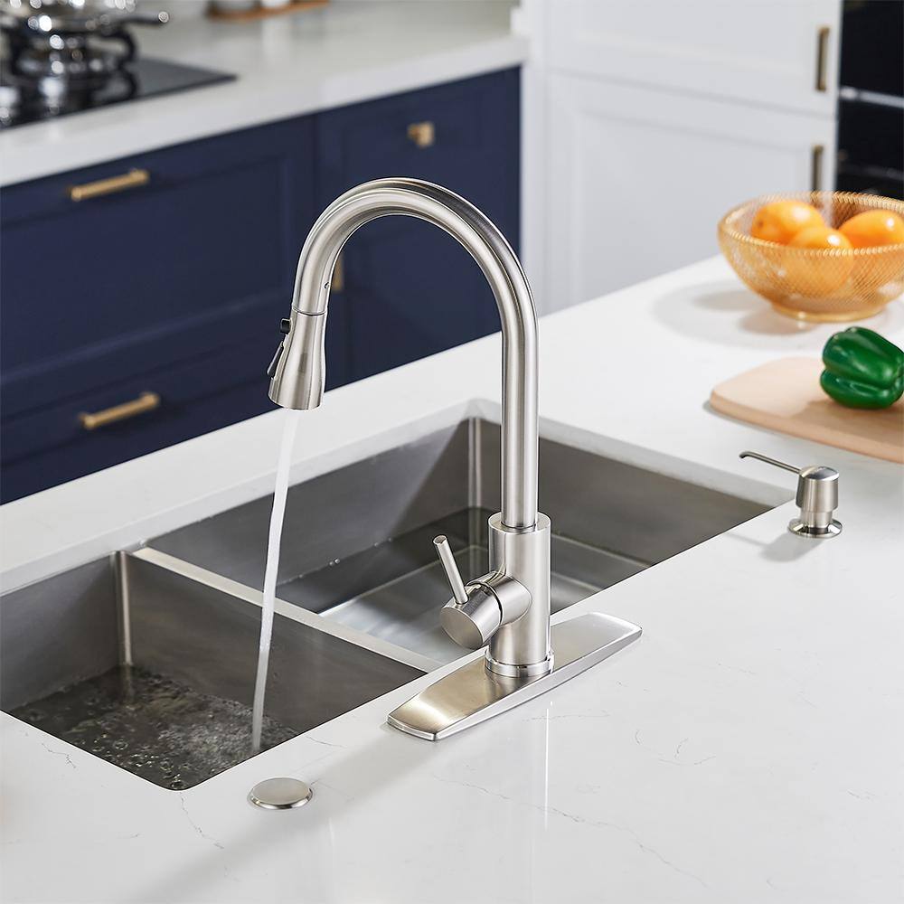 FORIOUS Single-Handle Kitchen Faucet with Pull Down Sprayer High-Arc Kitchen Sink Faucet with Deck Plate in Brushed Nickel HH0023C