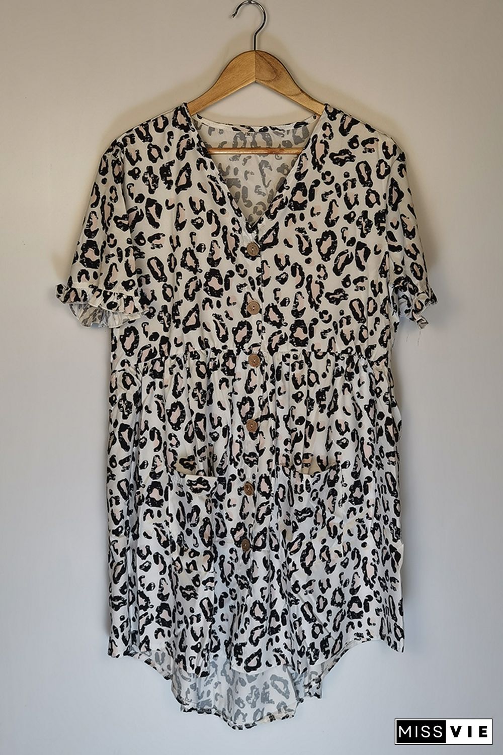 Leopard Print Button Front Ruffle V-neck Dress