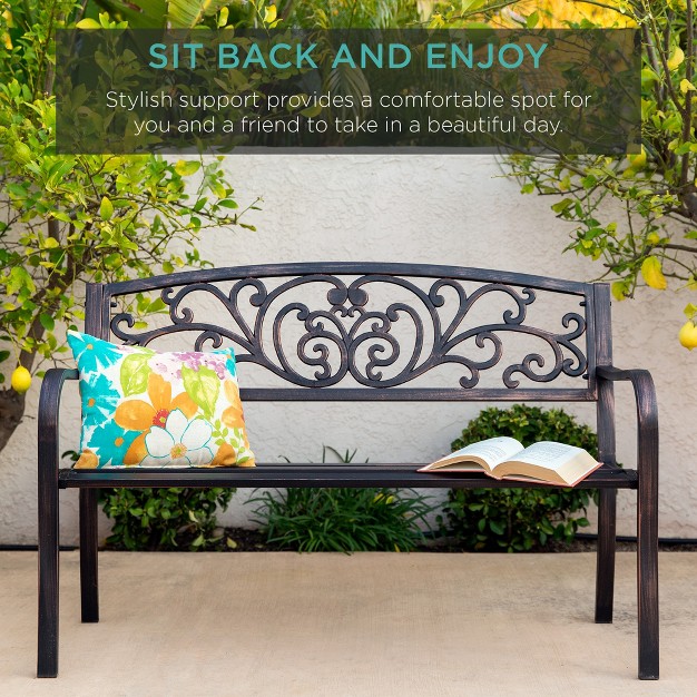 Best Choice Products Outdoor Steel Bench Garden Patio Porch Furniture W Floral Design Backrest Slatted Seat