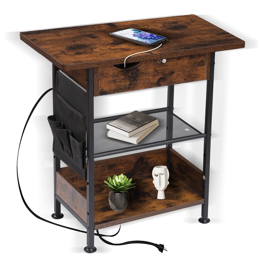 3 Tier End Table with Charging Station  Flip Top Side Table with USB Ports and Outlets for Small Spaces  Nightstand