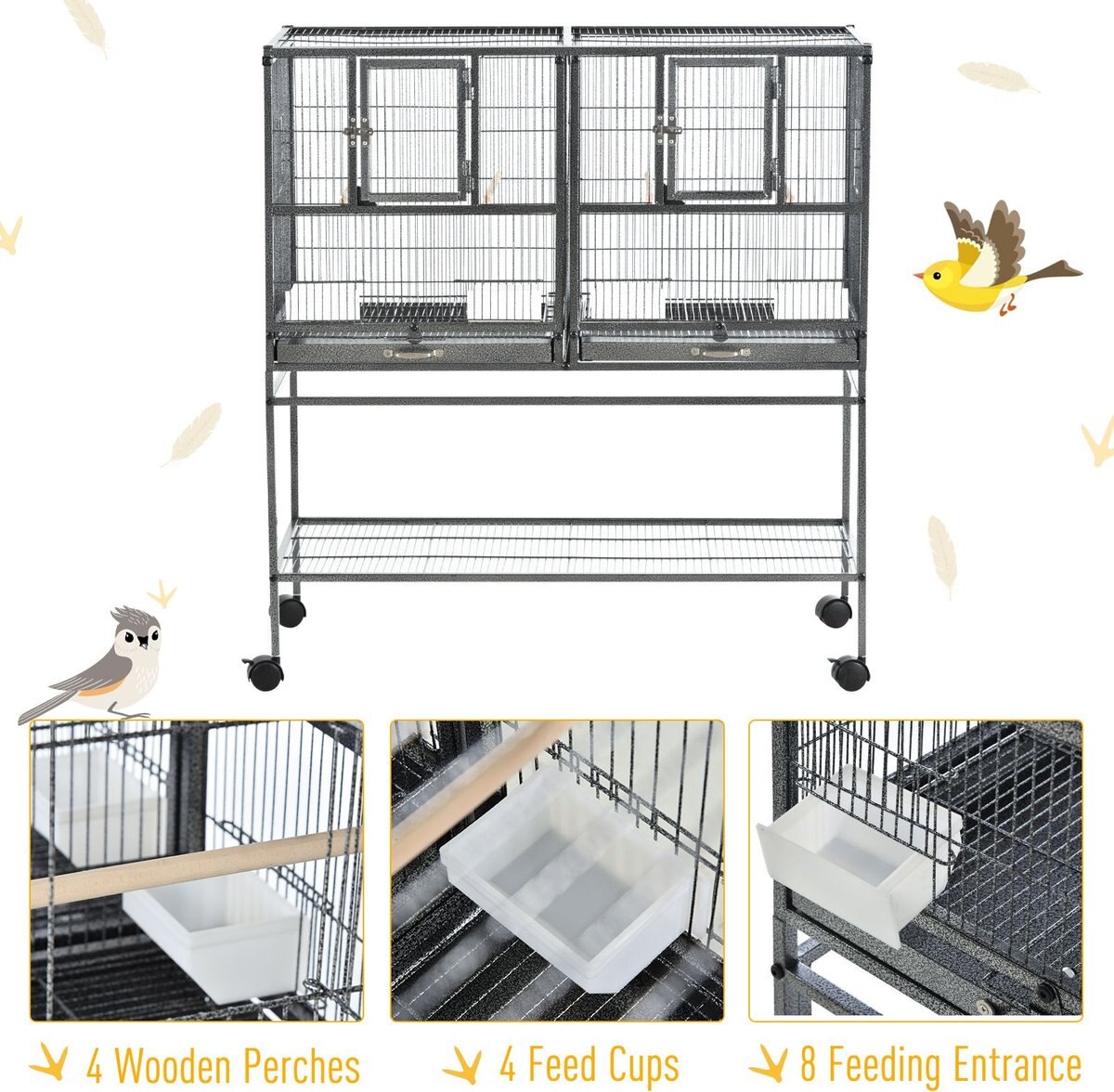 PawHut Double w/Rolling Stand Removable Metal Tray Bird Cage， Black