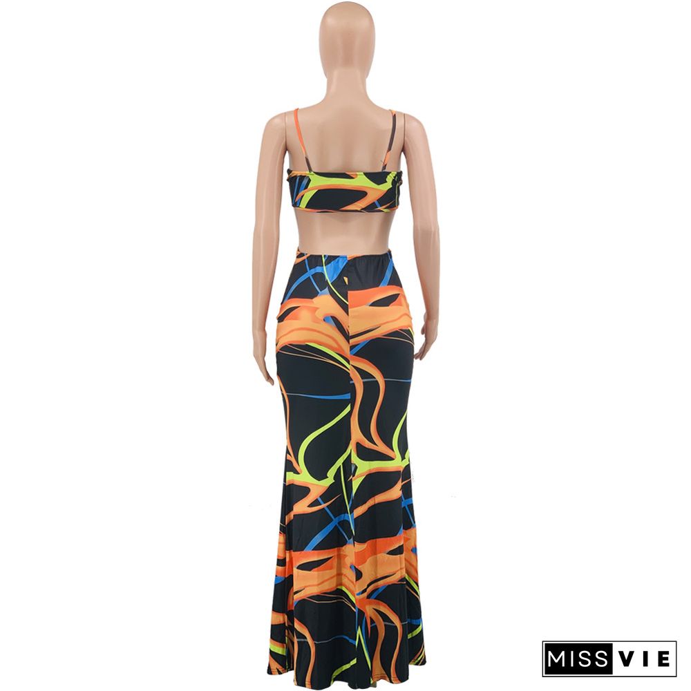 Sexy Tie Dye Sleeveless Spaghetti Straps V-Neck Hollow Out Stretchy Streetwear Bodycon Maxi Dresses