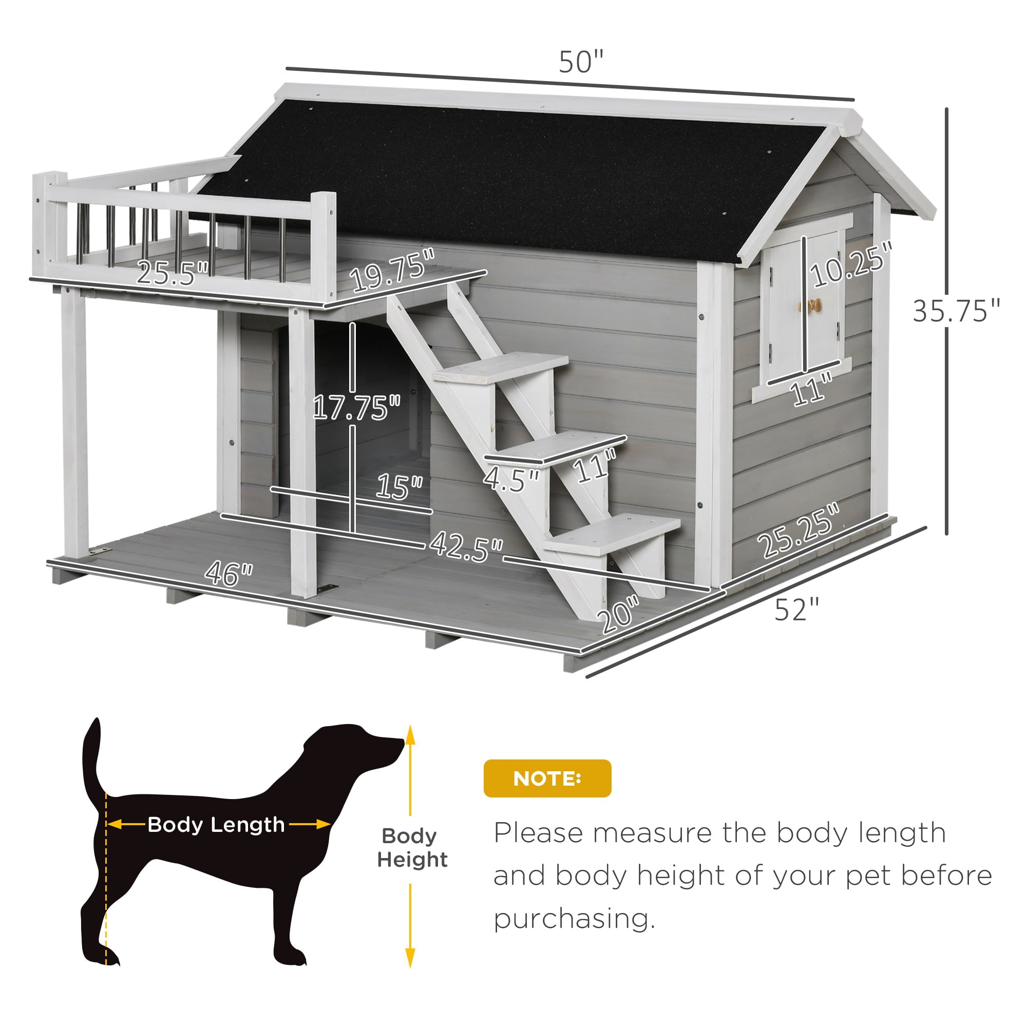 PawHut Wooden Outdoor Dog House， 2-Tier Raised Pet Shelter， with Stairs， Weather Resistant Roof， and Balcony， for Medium， Large Sized Dogs Up To 55 lbs