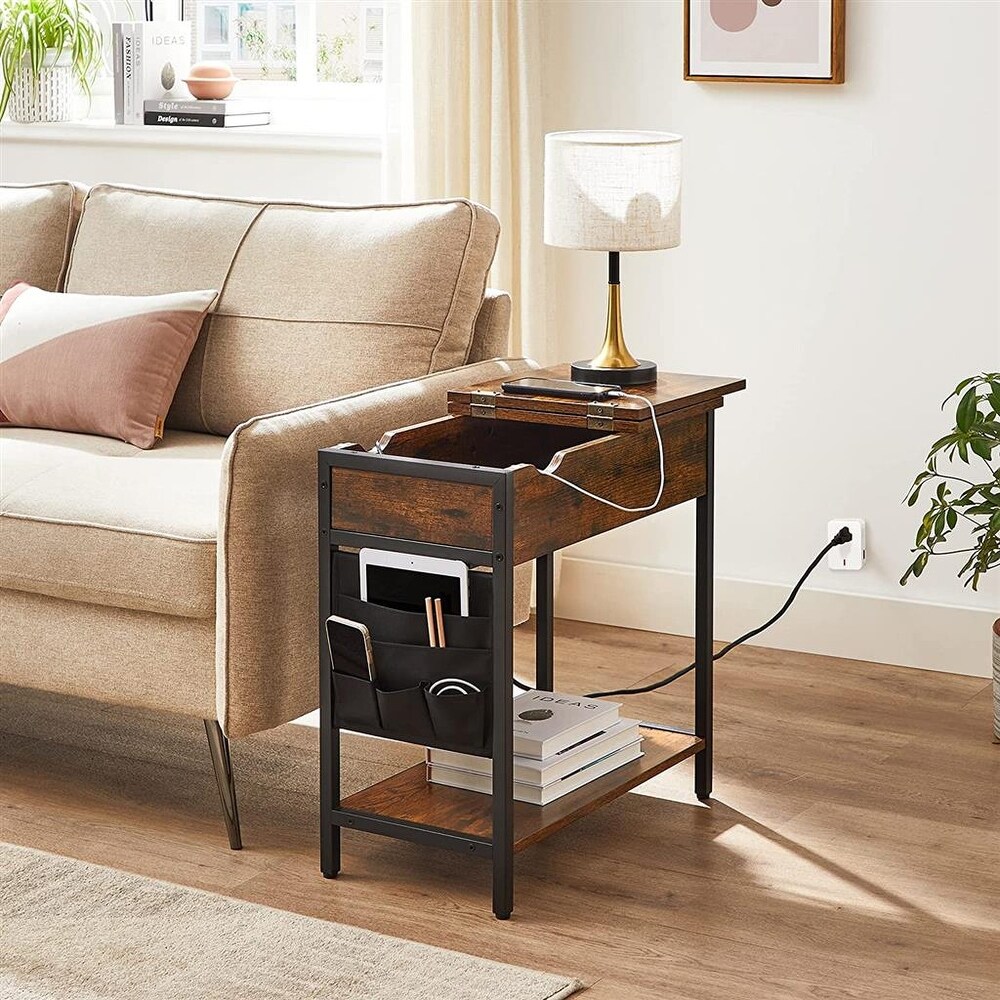 Sofa Side Table with Power Outlet  Flip Top End Table with Charging Station  Nightstand with Storage  Rustic Brown and Black