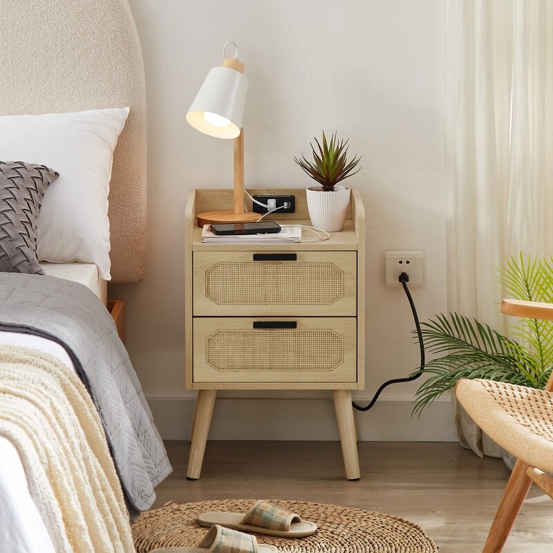 Nightstand Set of 2  Modern Nightstands with Charging Station and Rattan Drawer  Bedside Table with Solid Wood Feet  End Table