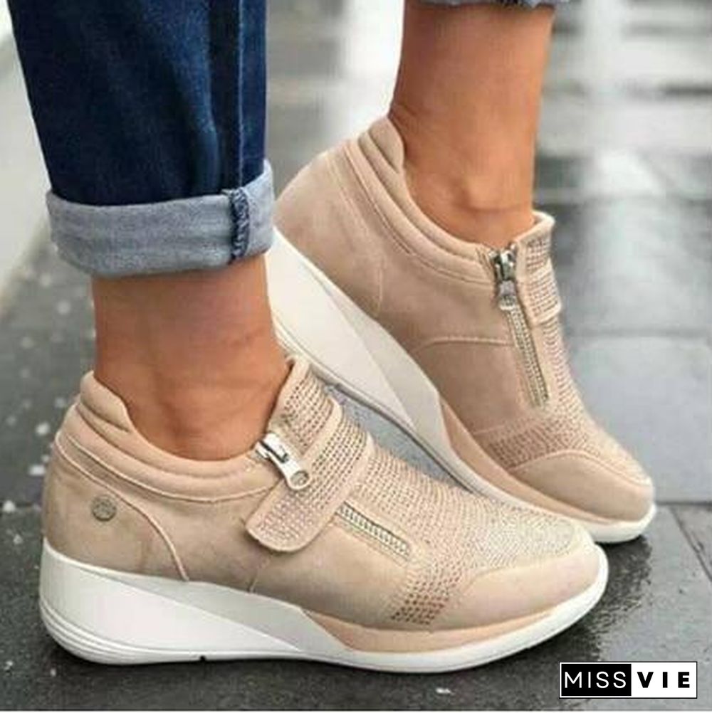 Women Casual Shoes New Fashion Wedge  Flat Shoes Zipper Lace Up Comfortable Ladies Sneakers Female Vulcanized Shoes