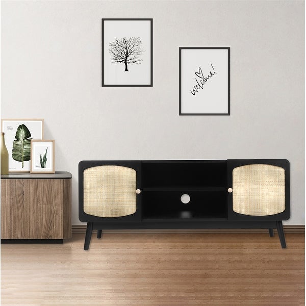 Black TV Console Table with Rattan Door