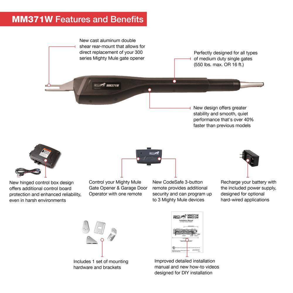 Mighty Mule Medium Duty Single Swing Gate Opener Smart and Solar Capable MM371W