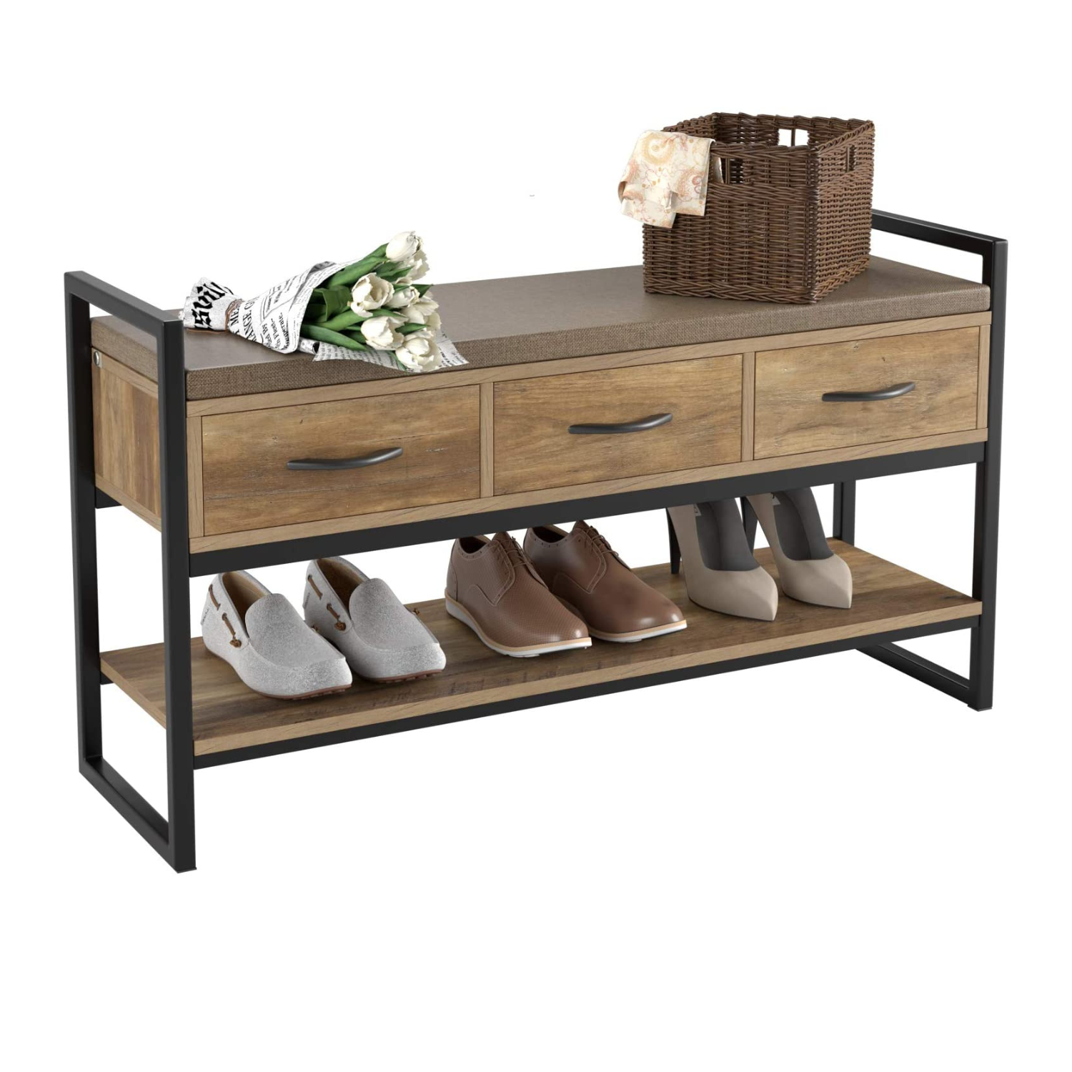 Shoe Bench with 3 Fabric Drawers, 39.4 Inch Shoe Rack for Entryway, Bedroom, Hallway