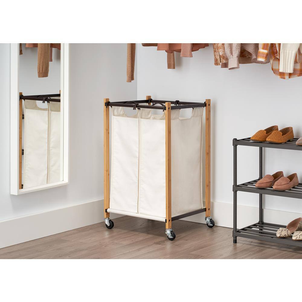 TRINITY Basics Bronze 2-Bag Bamboo Laundry Cart With Wheels TBFPBR-2104