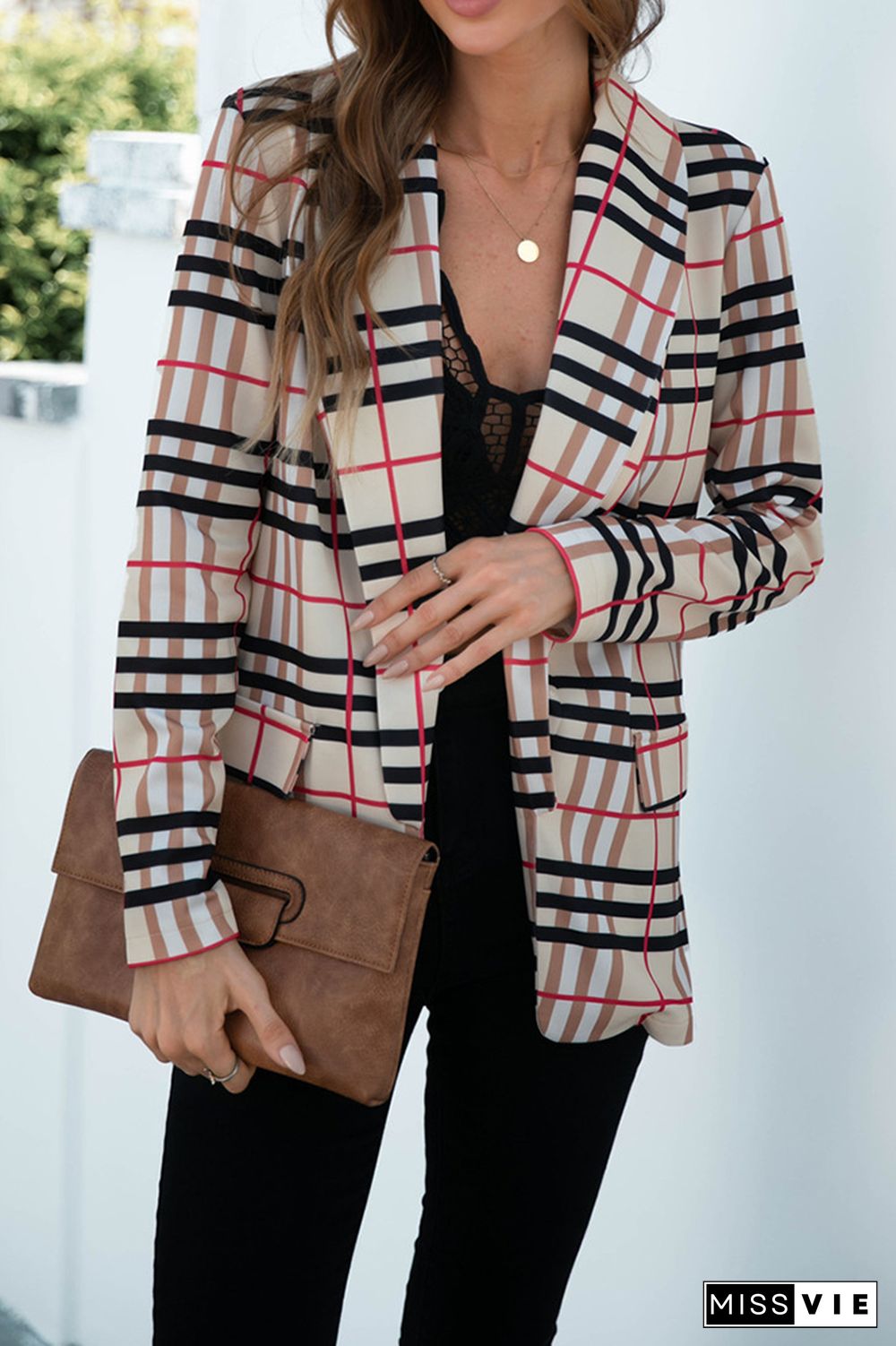 Plaid Open Front Long Sleeve Blazer Women Wholesale