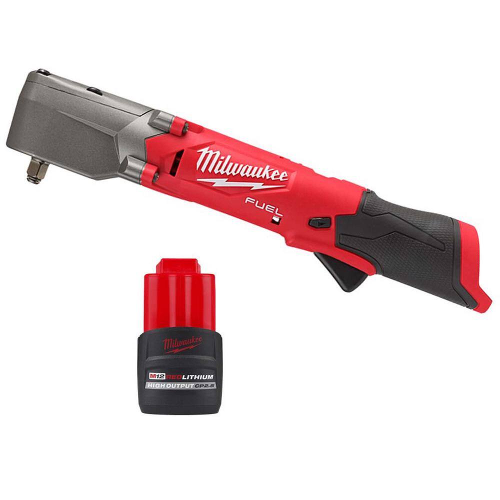 MW M12 FUEL 12V Lithium-Ion Brushless Cordless 38 in. Right Angle Impact Wrench wHigh Output 2.5 Ah Battery 2564-20-48-11-2425