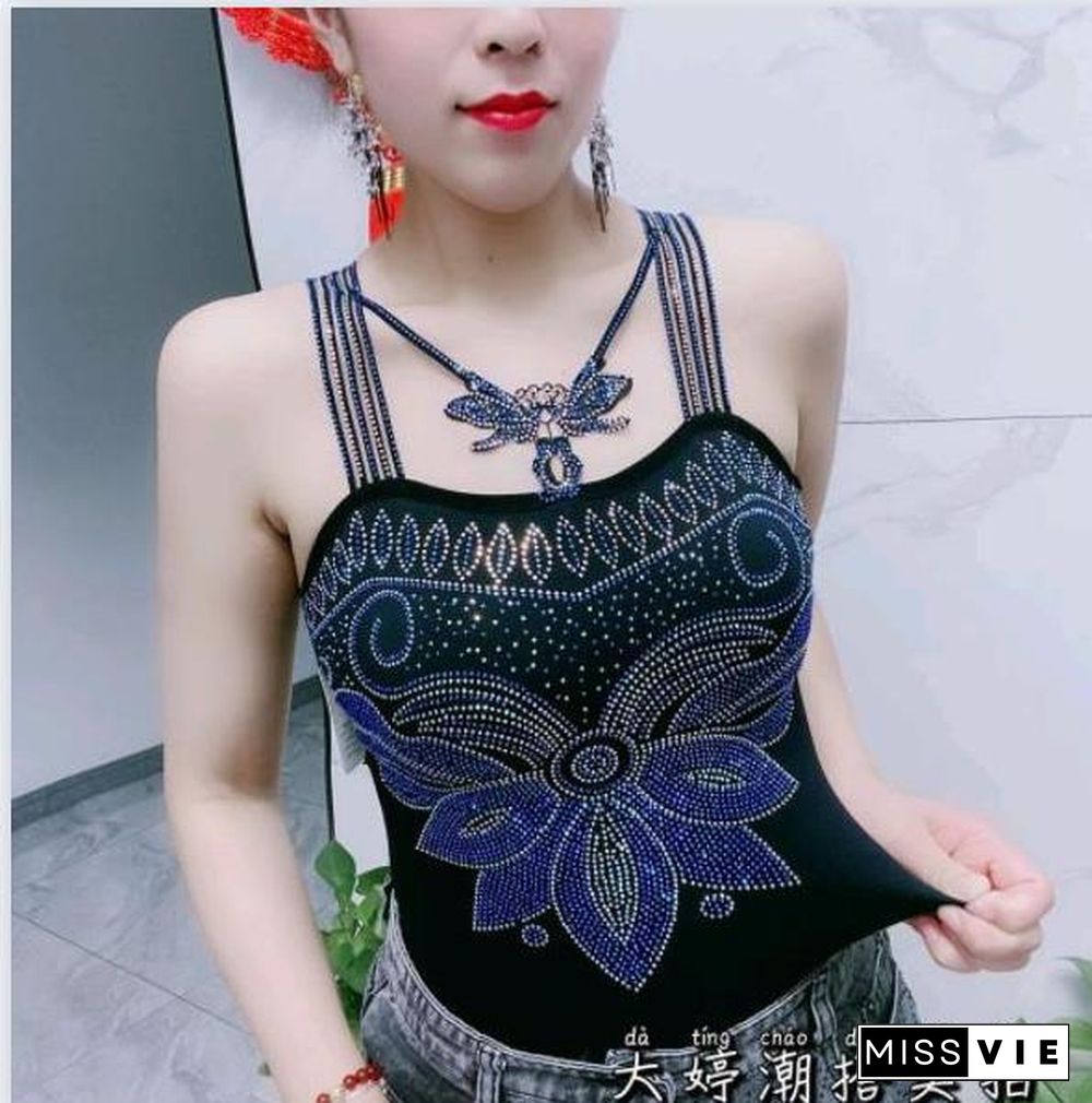 Fashion Women's Padded Gemstones Camisole Femme Lady Shiny Bling Bling Camis Women Rhainstones Butterfly Padded Tanks Tops