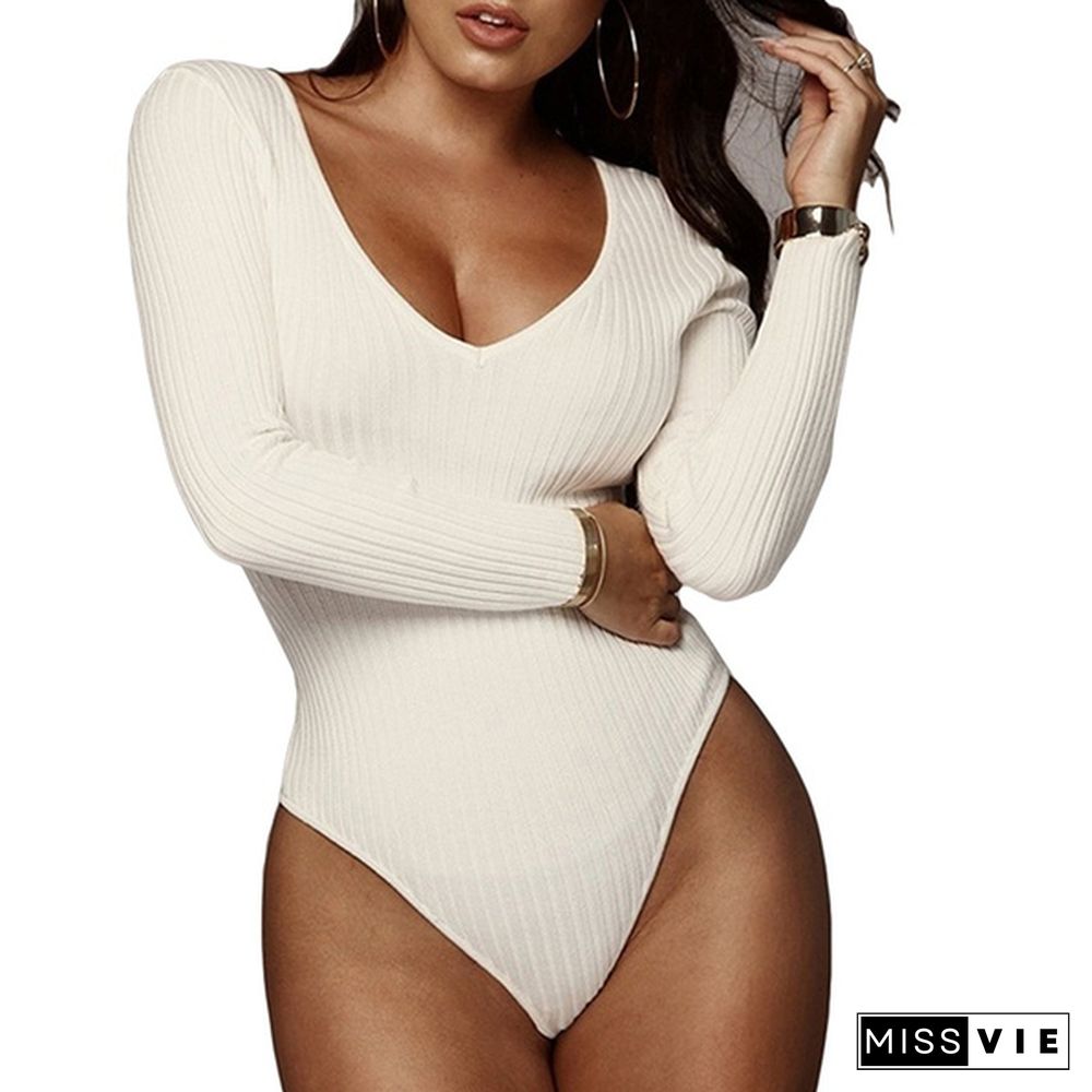 Women Summer Long Sleeve Bodysuit Choker Romper Deep V Neck Bodycon Playsuit One Piece Fitness Jumpsuit