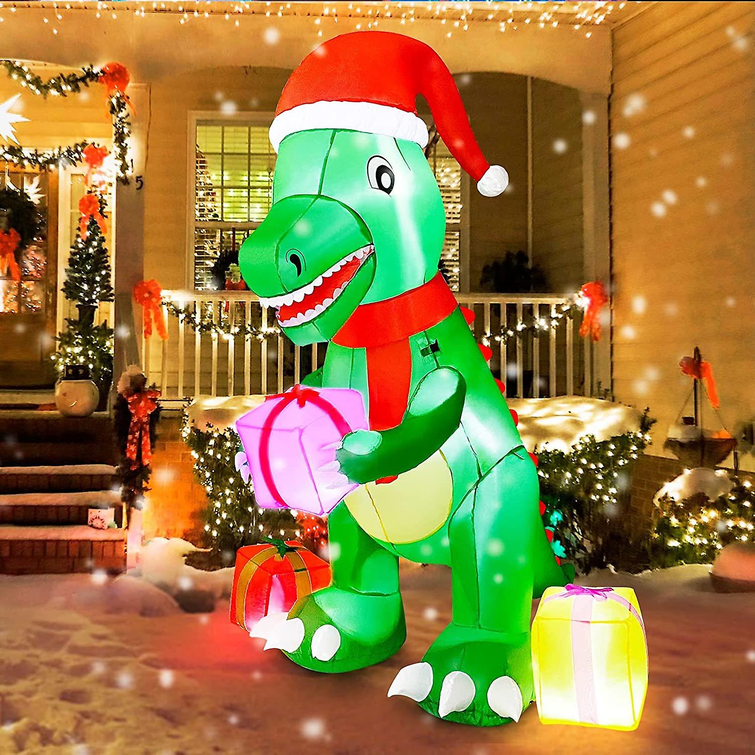 Christmas Inflatable Decoration 6ft Cute Dinosaur Give Gifts， Blow Up Christmas Dinosaur Inflatable With Build-in Leds For Xmas Party Indoor， Outdoor，