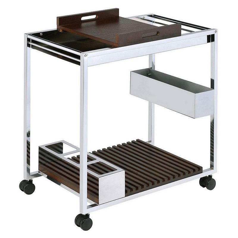 Metal and Wood Serving Cart with Tray and Floating Shelf， Brown and White