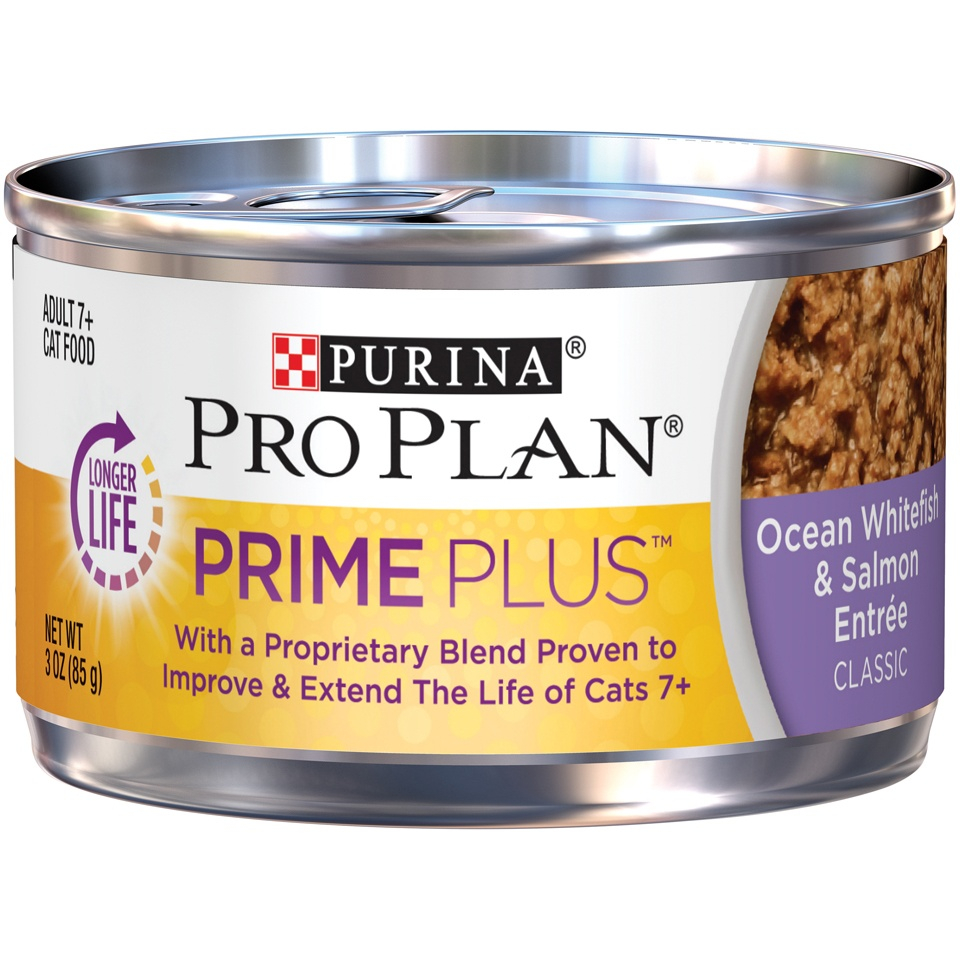 Purina Pro Plan Prime Plus Adult 7+ Ocean Whitefish and Salmon Entree Classic Canned Cat Food 3-oz case of 24