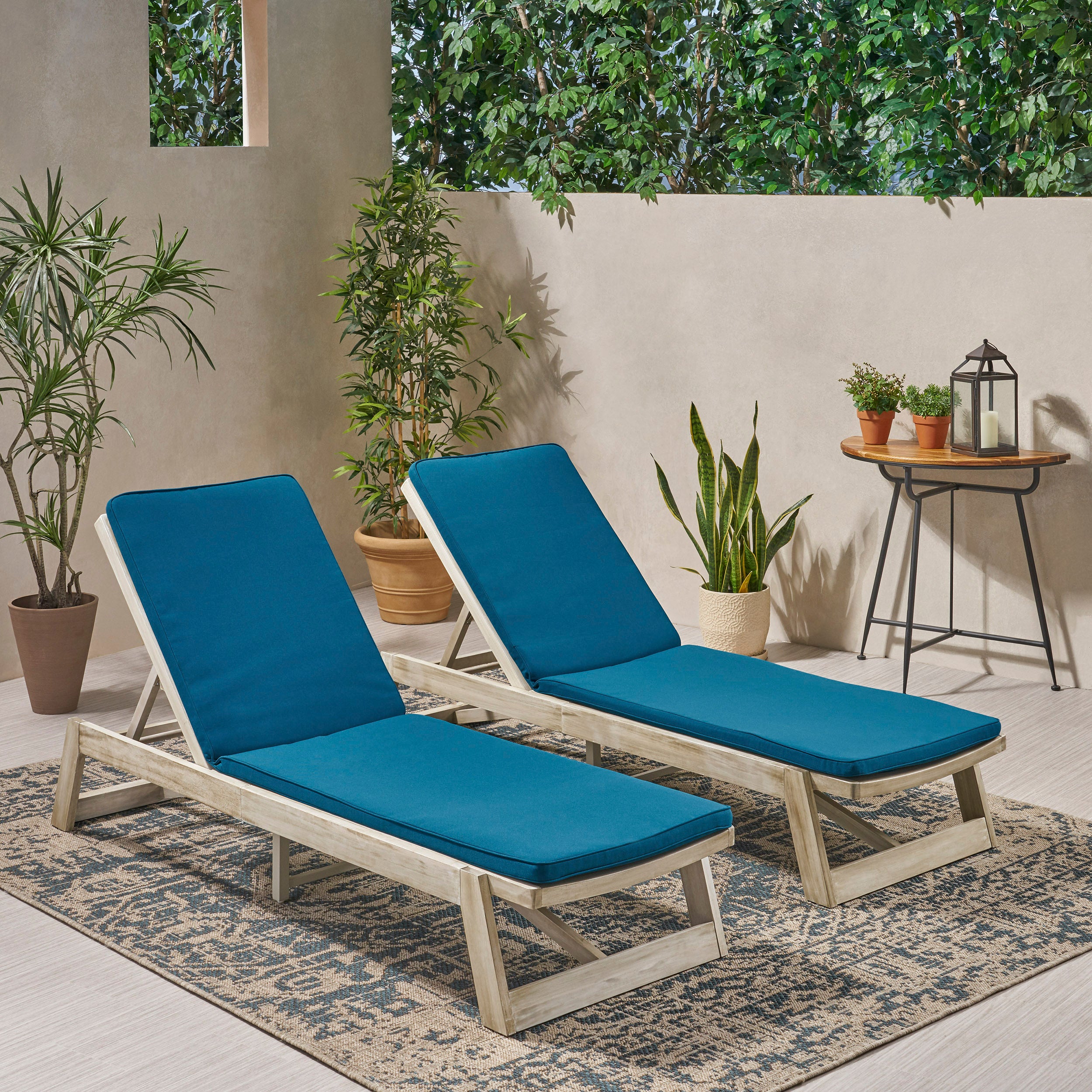 Tina Outdoor Acacia Wood Chaise Lounge and Cushion Sets (Set of 2)