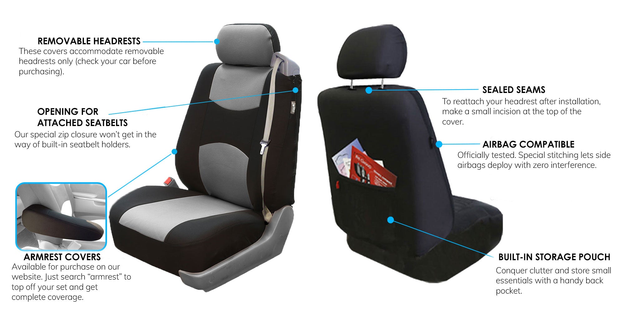 FH Group Flat Cloth Airbag and Built-In Seatbelt Compatible Low Back Seat Covers， Gray and Black， Pair