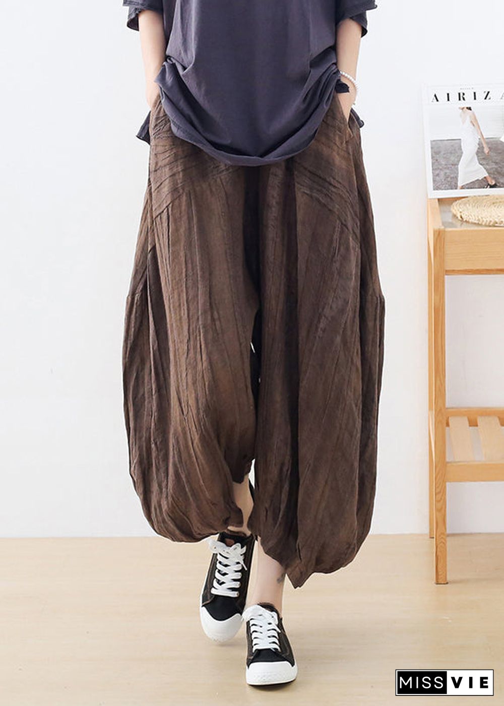 Casual Coffee Tie Dye Wrinkled Linen Lantern Pants Fall