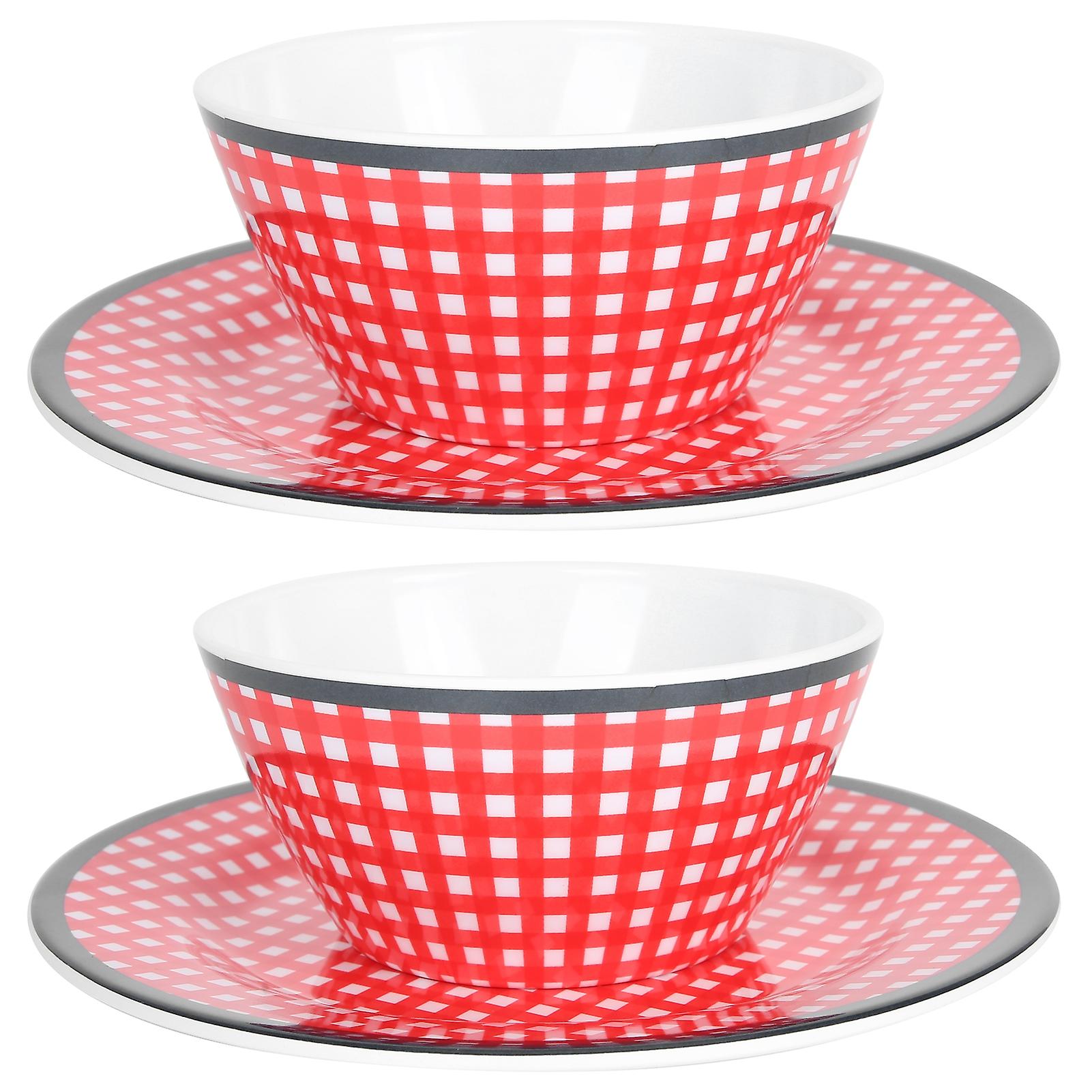 Ab06010+bt009 4pcs Tableware Set Imitation Porcelain Plate Bowl Red Grid Salad Bowl Kit