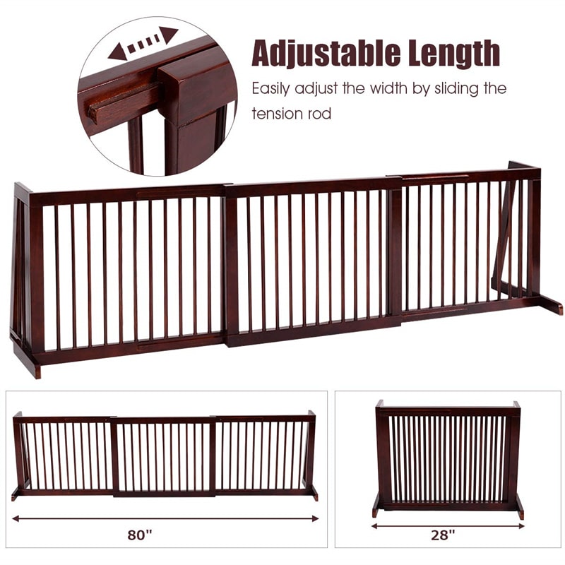 Freestanding Pet Gate Expandable Wood Dog Gate 28''- 80'' Adjustable Step Over Pet Fence for Indoor