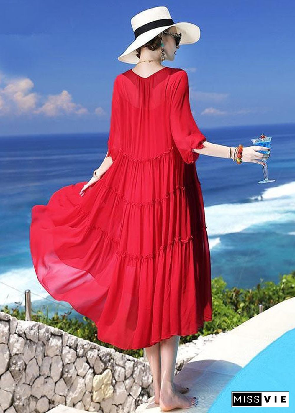 Chic Red Patchwork Silk Two Pieces Set Beach Holiday Dress Summer