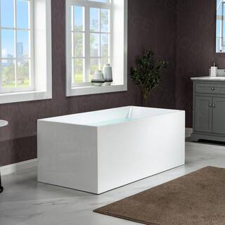 WOODBRIDGE Ahri 59 in. Acrylic Flatbottom Rectangle Bathtub with Matte Black Overflow and Drain Included in White HBT5897