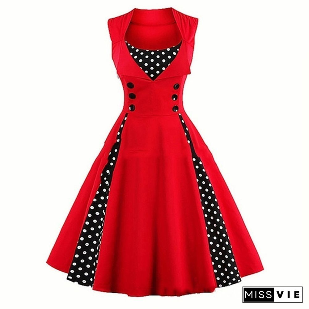 Fashion Woman Robe Pin Up Dress Retro Vintage Dot Swing Summer Female Sleeveless Party Dresses