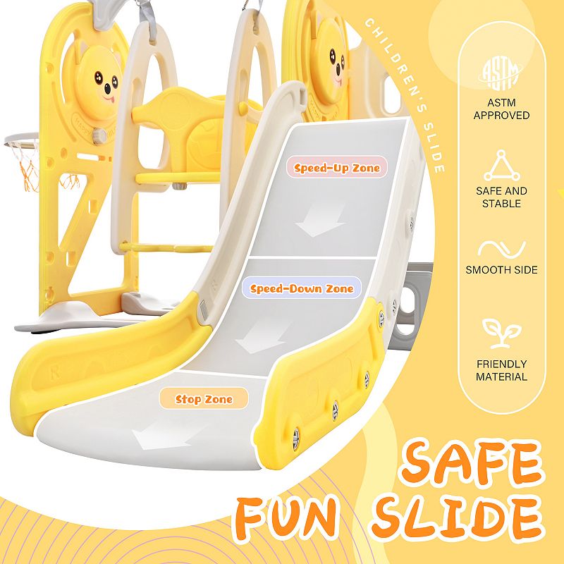 F.C Design Toddler Slide and Swing Set 5 in 1 - Kids Playground Climber Slide Playset with Basketball Hoop. Freestanding Combination for Babies， Indoor and Outdoor