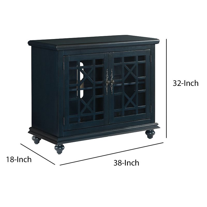 Transitional Wood and Glass TV Stand with Trellis Cabinet Front， Dark Blue