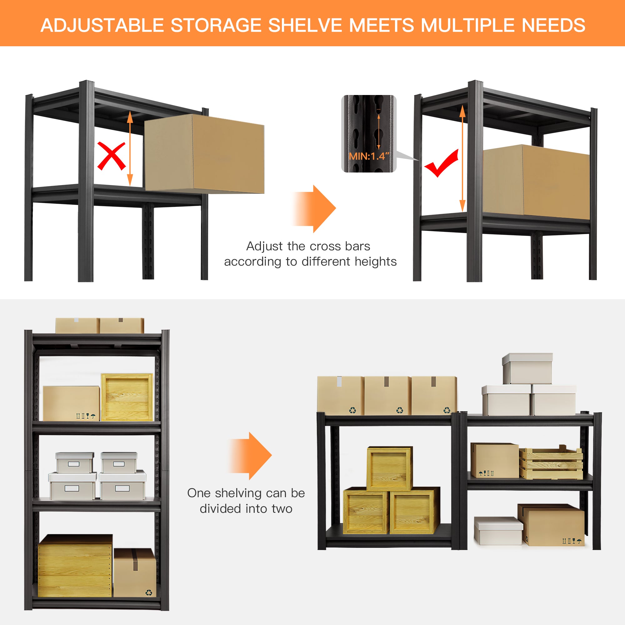 Raybee Garage Shelves Heavy Duty Storage Shelves Metal Shelving Unit with 1600 lbs Capacity Adjustable 4 Tier Garage Organization Shelf Industrial Shelving, 27.5