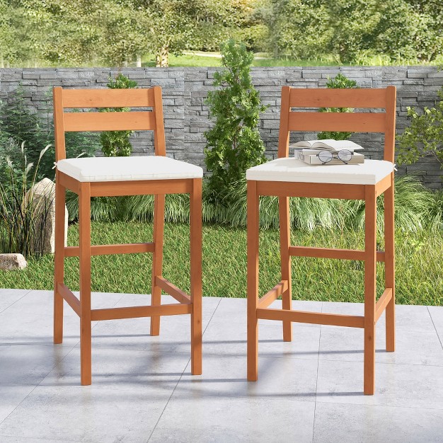 Tangkula Patio Eucalyptus Wood Bar Stools Set Of 2 Outdoor Bar Height Patio Chairs W Cushions