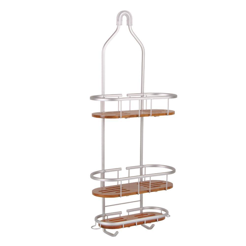 Utopia Alley Tia Over-the-Showerhead Caddy in Rustproof Satin Chrome Finish with 3 Teak Shelves SHC6TK