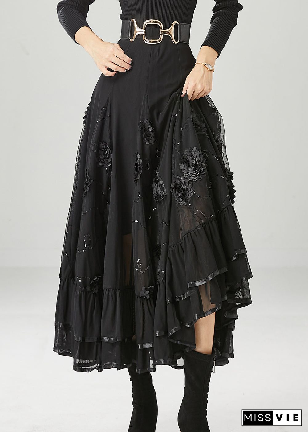 Italian Black Stereoscopic Floral Chiffon A Line Skirt Fall