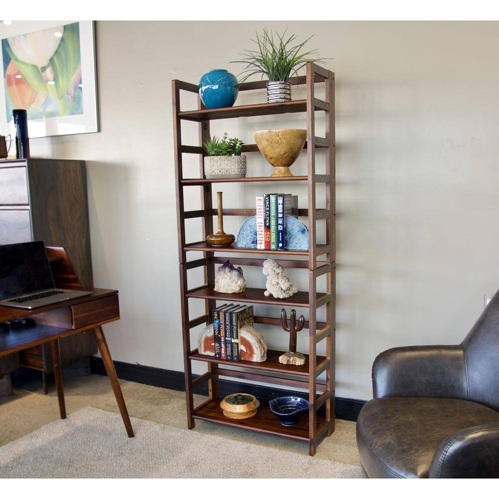 Eccostyle 34 in. Mahogany Acacia 3-Shelf Folding Etagere Bookcase VTTOF0135DM