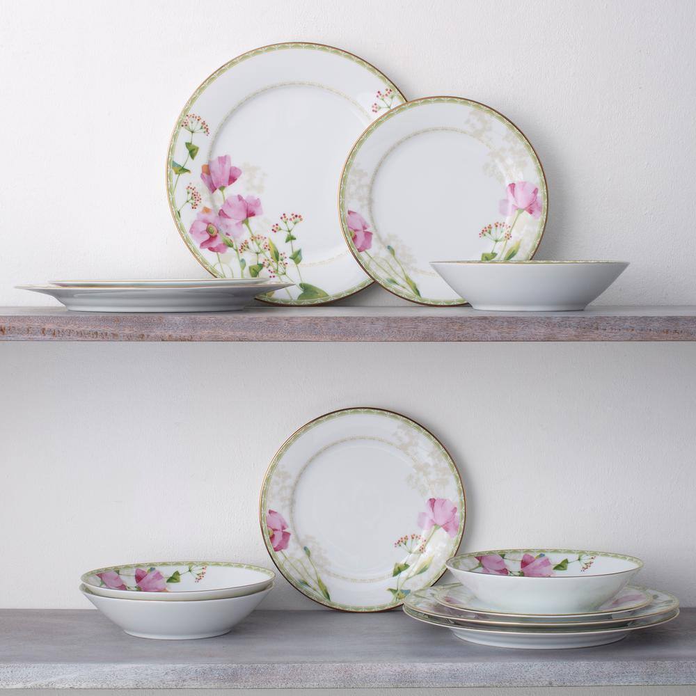 Noritake Poppy Place 12-Piece White and Pink Porcelain Dinnerware Set (Service for 4) 1737-12H