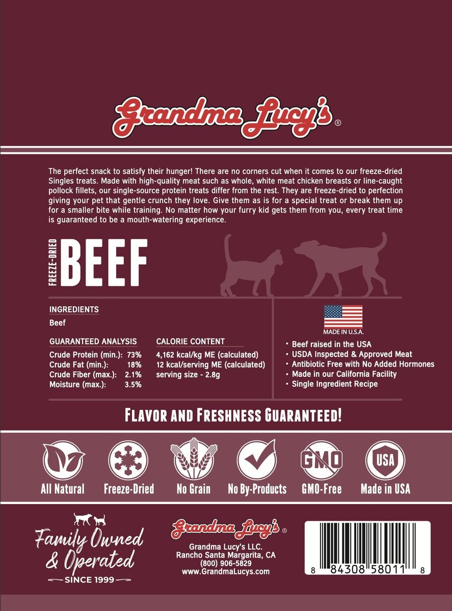 Grandma Lucy's Beef Grain-Free Freeze-Dried Dog and Cat Treats， 2-oz bag