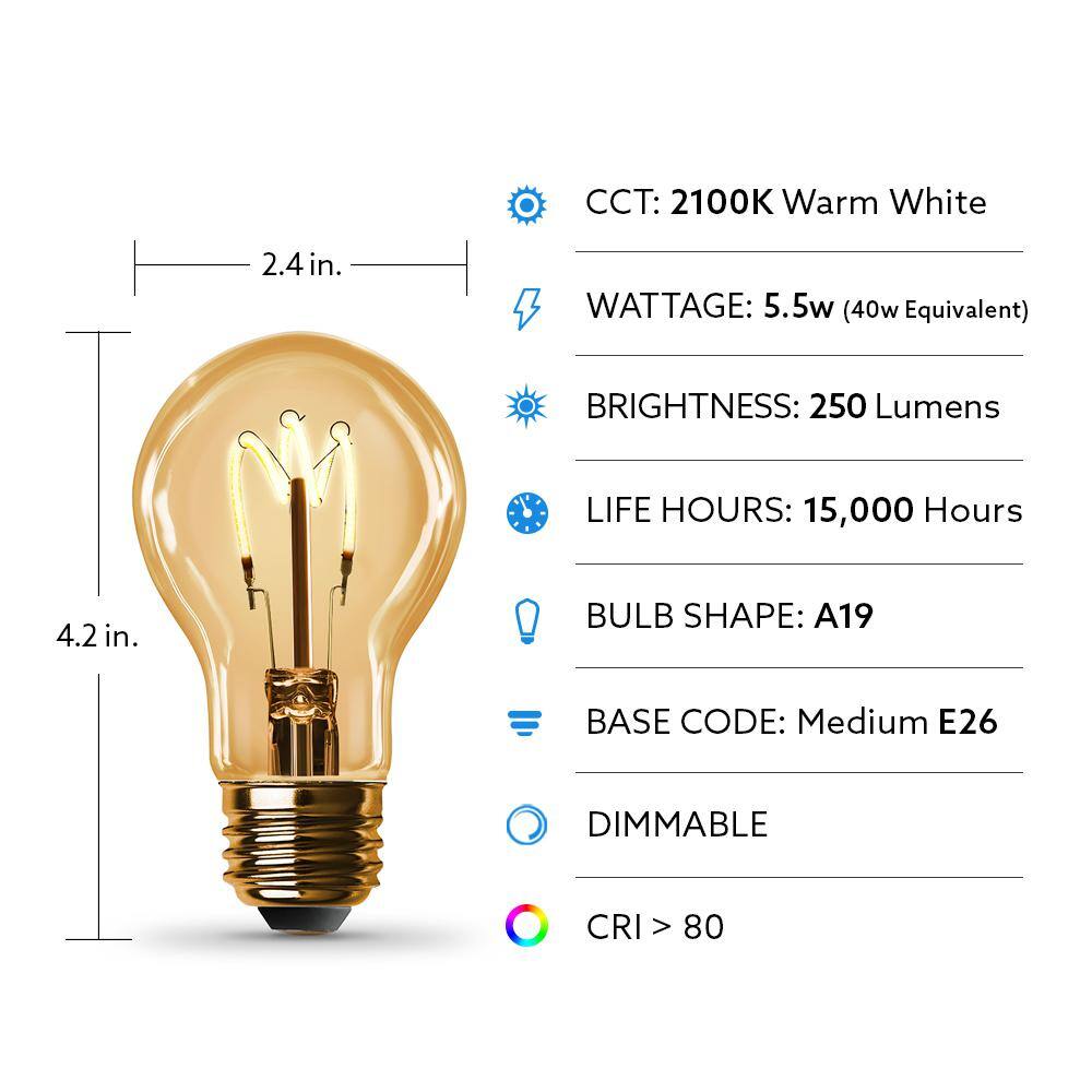 Feit Electric 40-Watt Equivalent A19 Dimmable H Shape Filament Amber Glass E26 Vintage Edison LED Light Bulb Warm White AT19HLEDHDRP