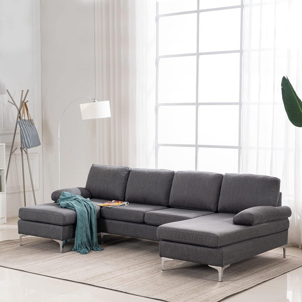 EROMMY Soft Linen Fabric Couch with Double Wide Chaise Lounge  Modern U Shape Sectional Sofa Couch