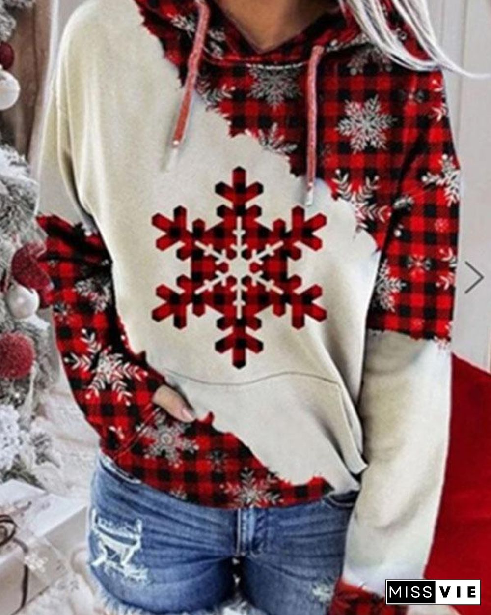 Christmas Color Block Snowflake Print Hoodie