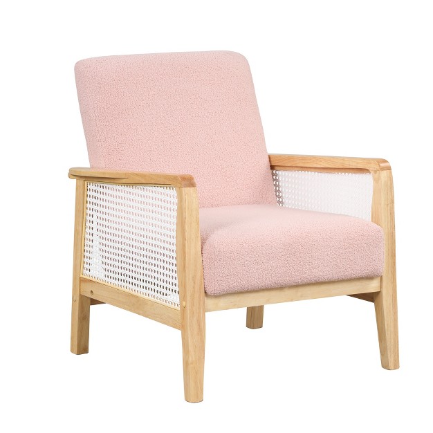 Wide Teddy Thick Seat Cushion With Solid Wood Legs Accent Chair With Rattan Mesh Arm Pads maison Boucle