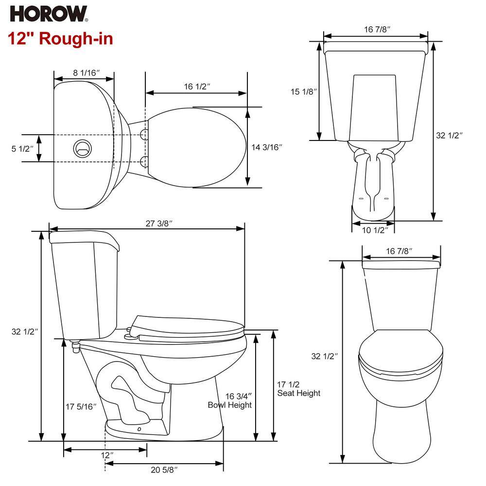 HOROW Tall Height 2-piece High-Efficiency 1.28 GPF Dual Flush Round Toilet in. White Seat Included HR-TRD02