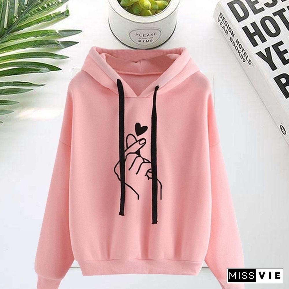 Women Hooded Sweater Casaul Printed Heart Long Sleeve Solid Color Hooded Finger Heart Hoodie Pullover Tops Hoodies Coat